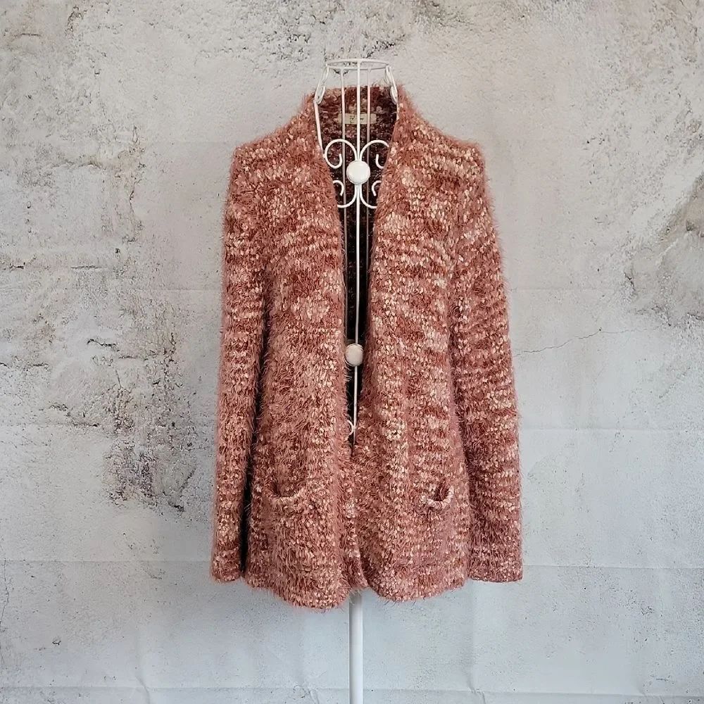 Peyton Primrose Eyelash Knit Womens Cardigan Sweater - Salmon Pink  Size L